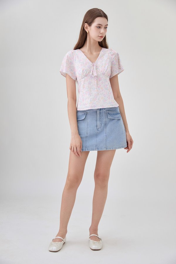 Reina Pastel Floral Ribbon Top In Soft Pink