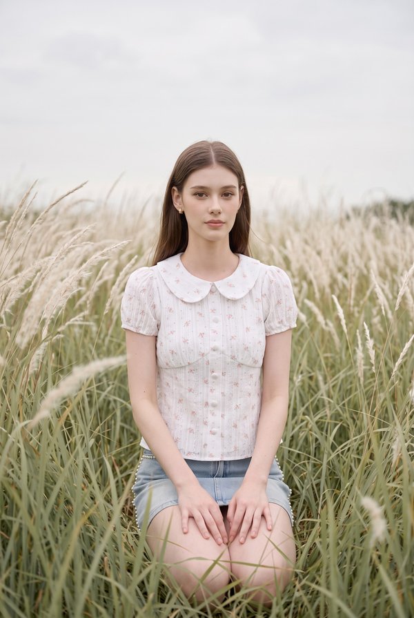 Ensley Pointelle Fleur Peter Pan Top In White