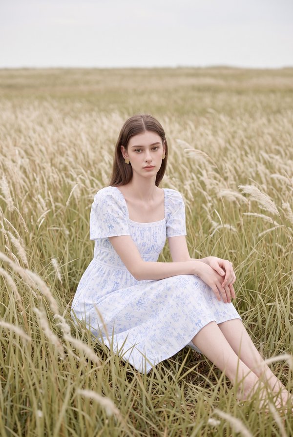 Bristol Floral Ribbon Midi Dress In Blue
