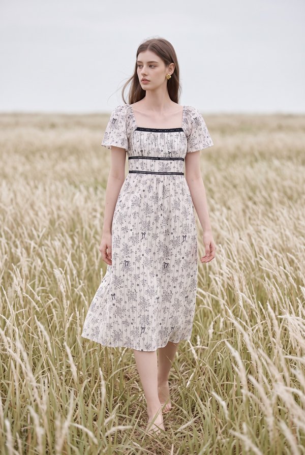 Bristol Floral Ribbon Midi Dress In Black