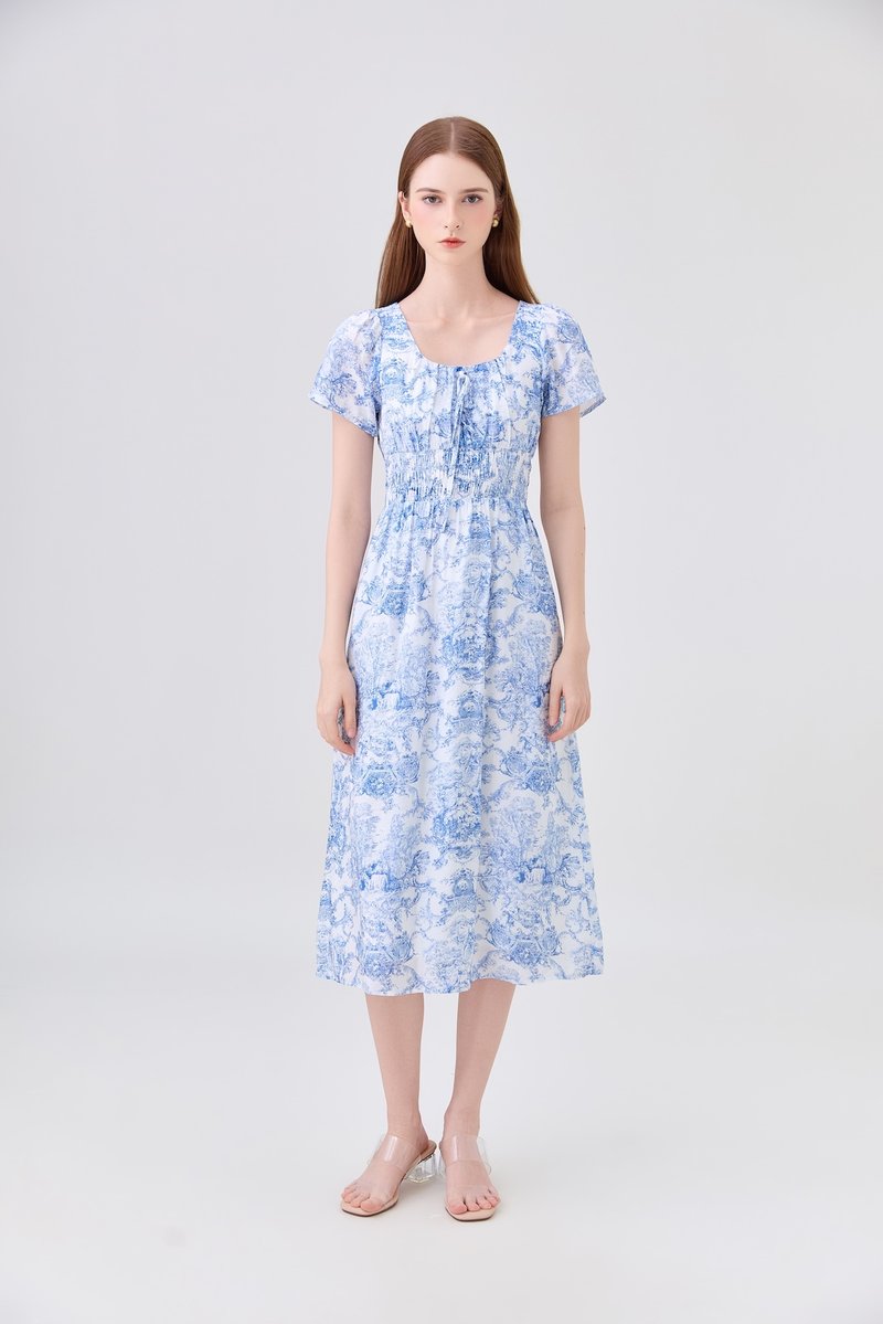 Arisbeth Toile Smocked Waist Ribbon Midi Dress