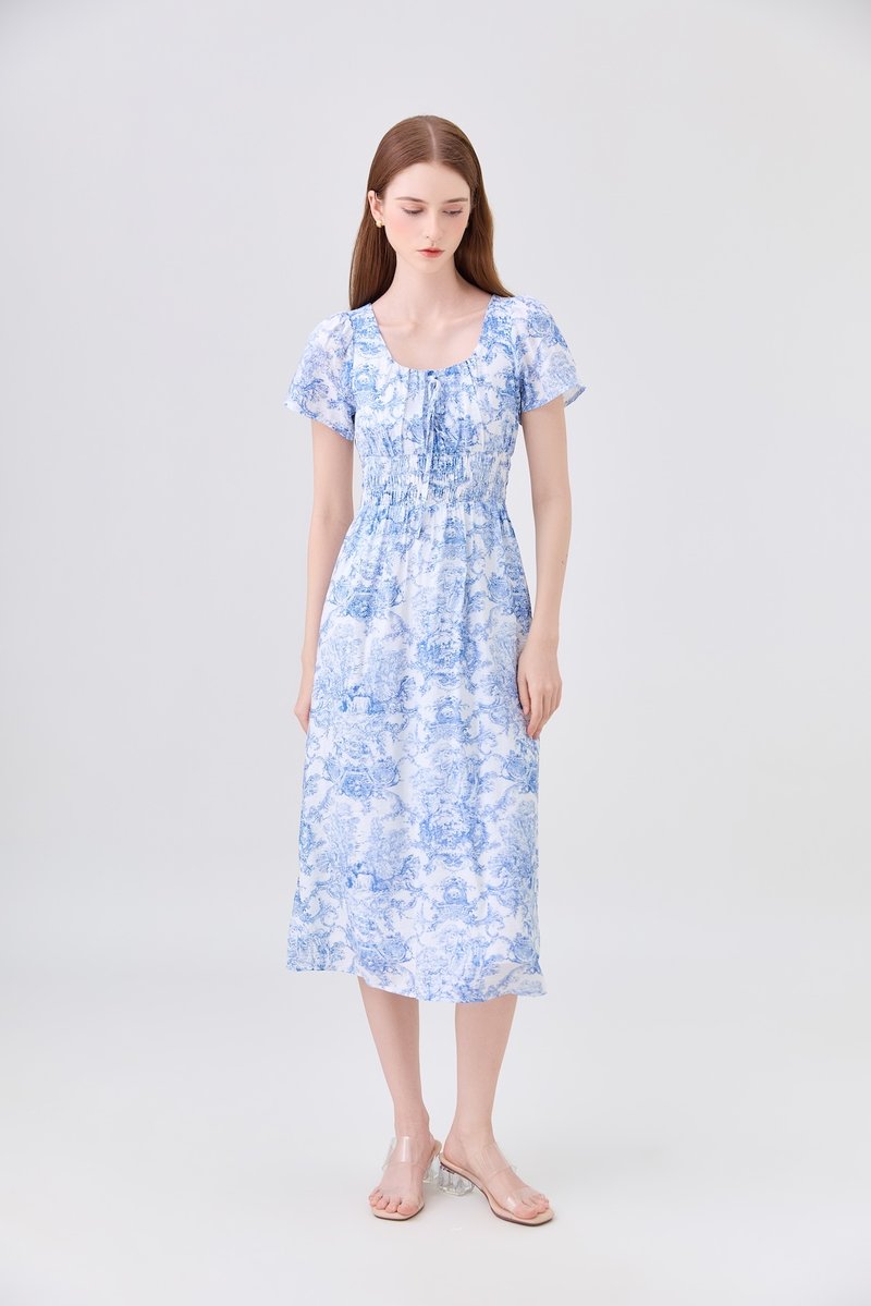 Arisbeth Toile Smocked Waist Ribbon Midi Dress