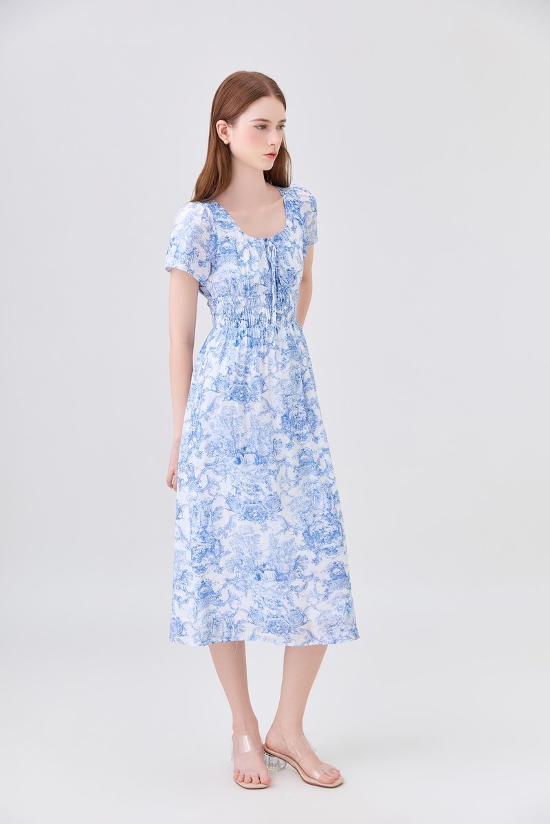 Arisbeth Toile Smocked Waist Ribbon Midi Dress