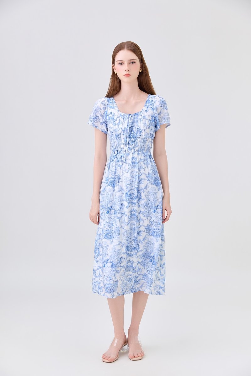 Arisbeth Toile Smocked Waist Ribbon Midi Dress