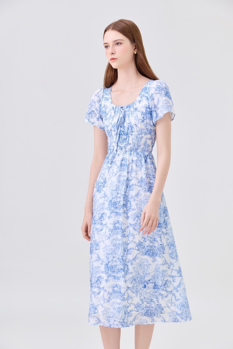 Arisbeth Toile Smocked Waist Ribbon Midi Dress