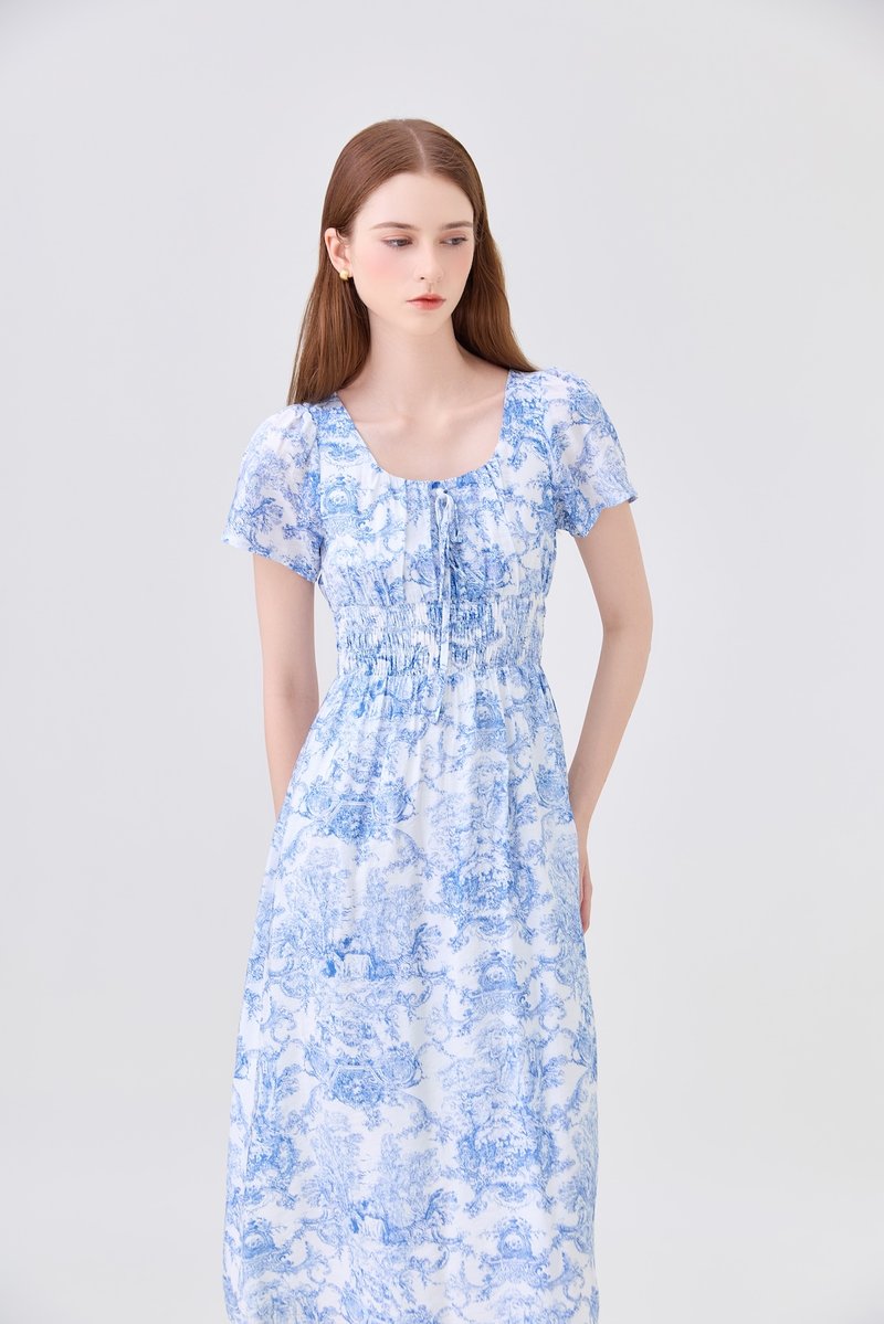 Arisbeth Toile Smocked Waist Ribbon Midi Dress