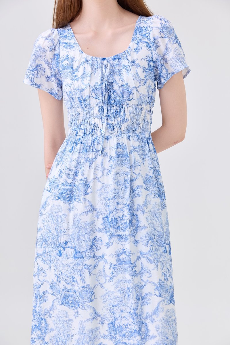 Arisbeth Toile Smocked Waist Ribbon Midi Dress