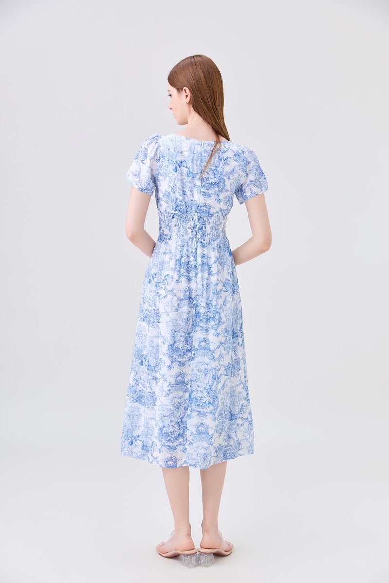 Arisbeth Toile Smocked Waist Ribbon Midi Dress