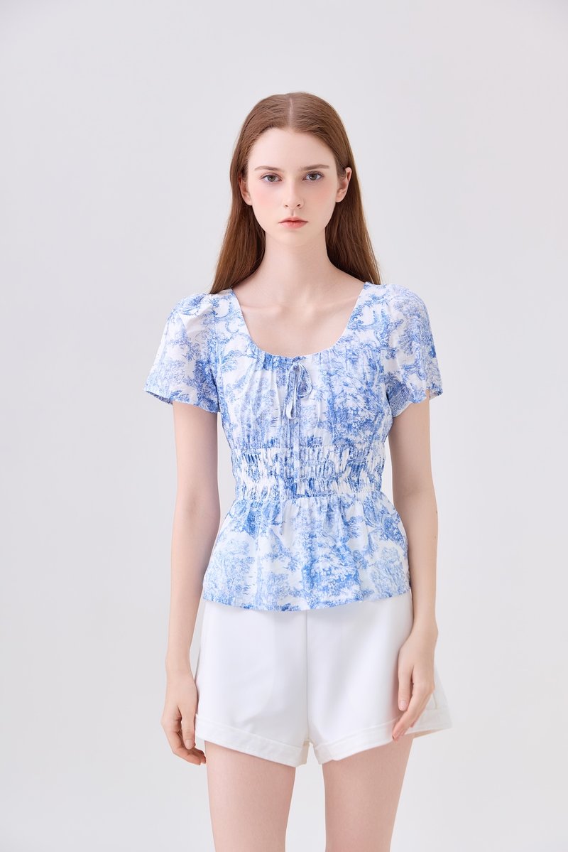 Arisbeth Toile Smocked Waist Ribbon Top