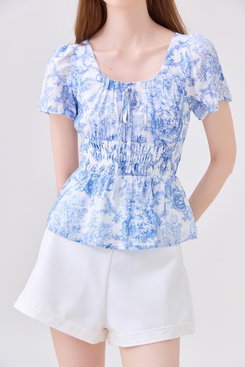 Arisbeth Toile Smocked Waist Ribbon Top