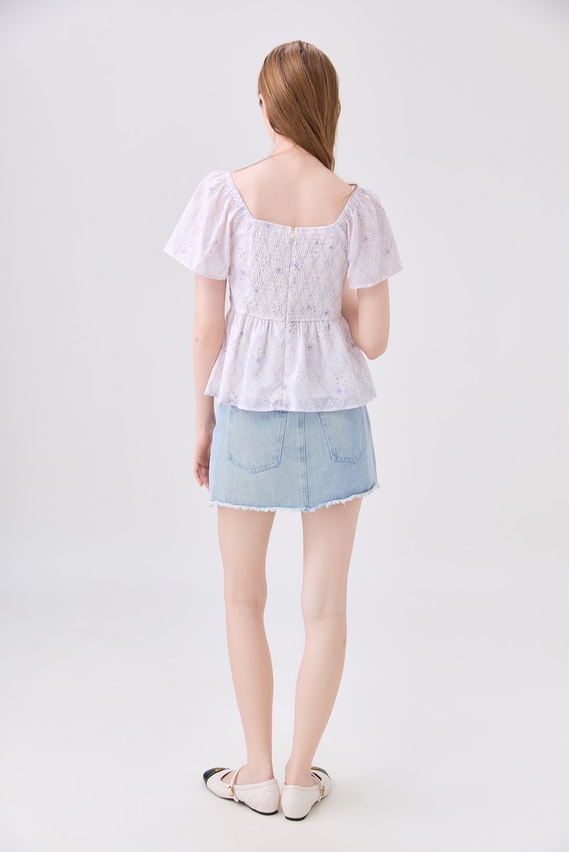 Dani Gingham Floral Babydoll Top In Lilac