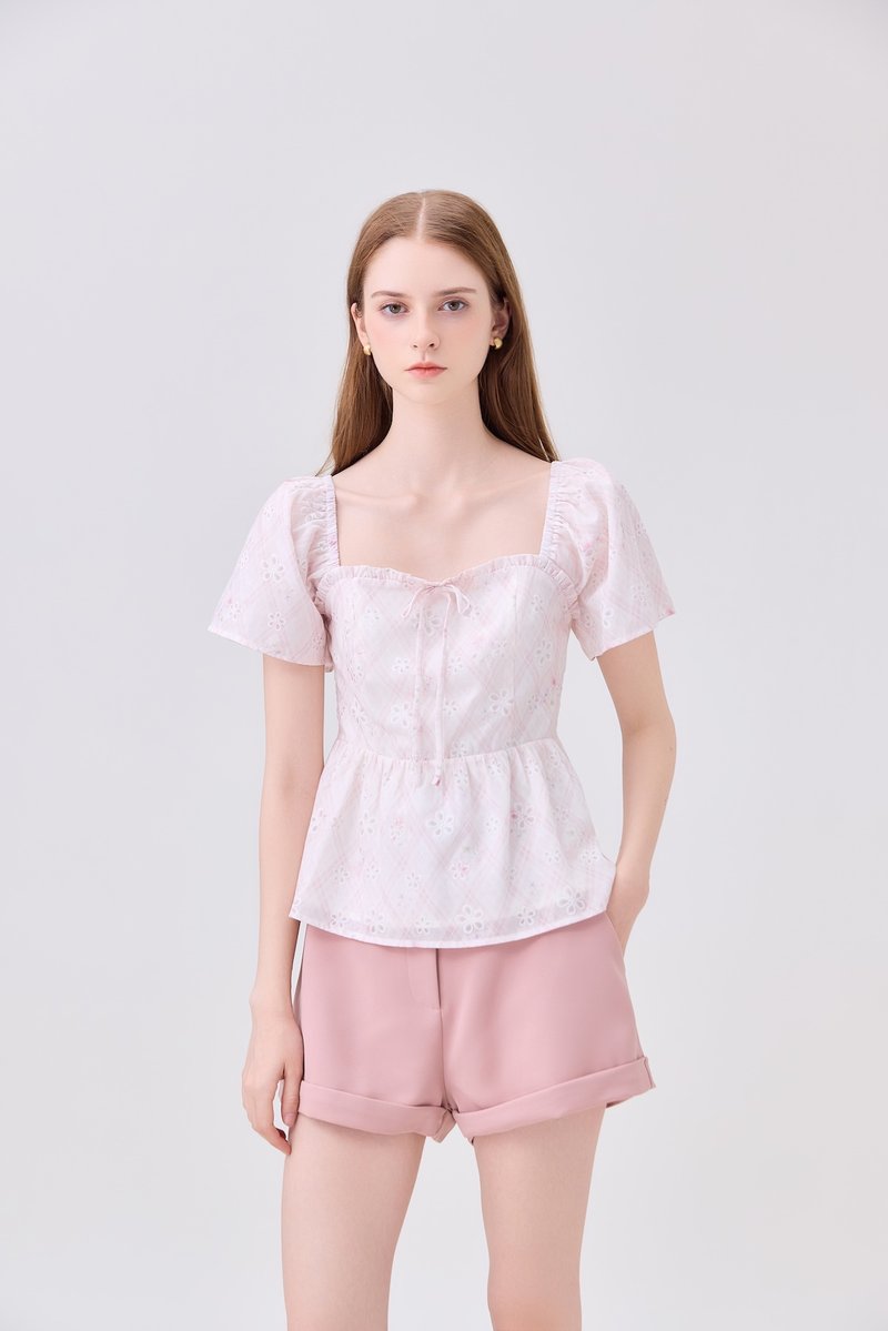 Dani Gingham Floral Babydoll Top In Pink