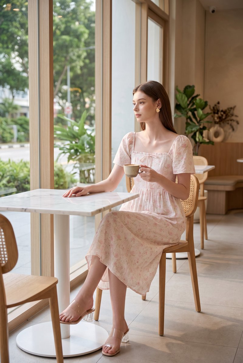 Lettie Ribbon Midi Dress In Blushing Rose