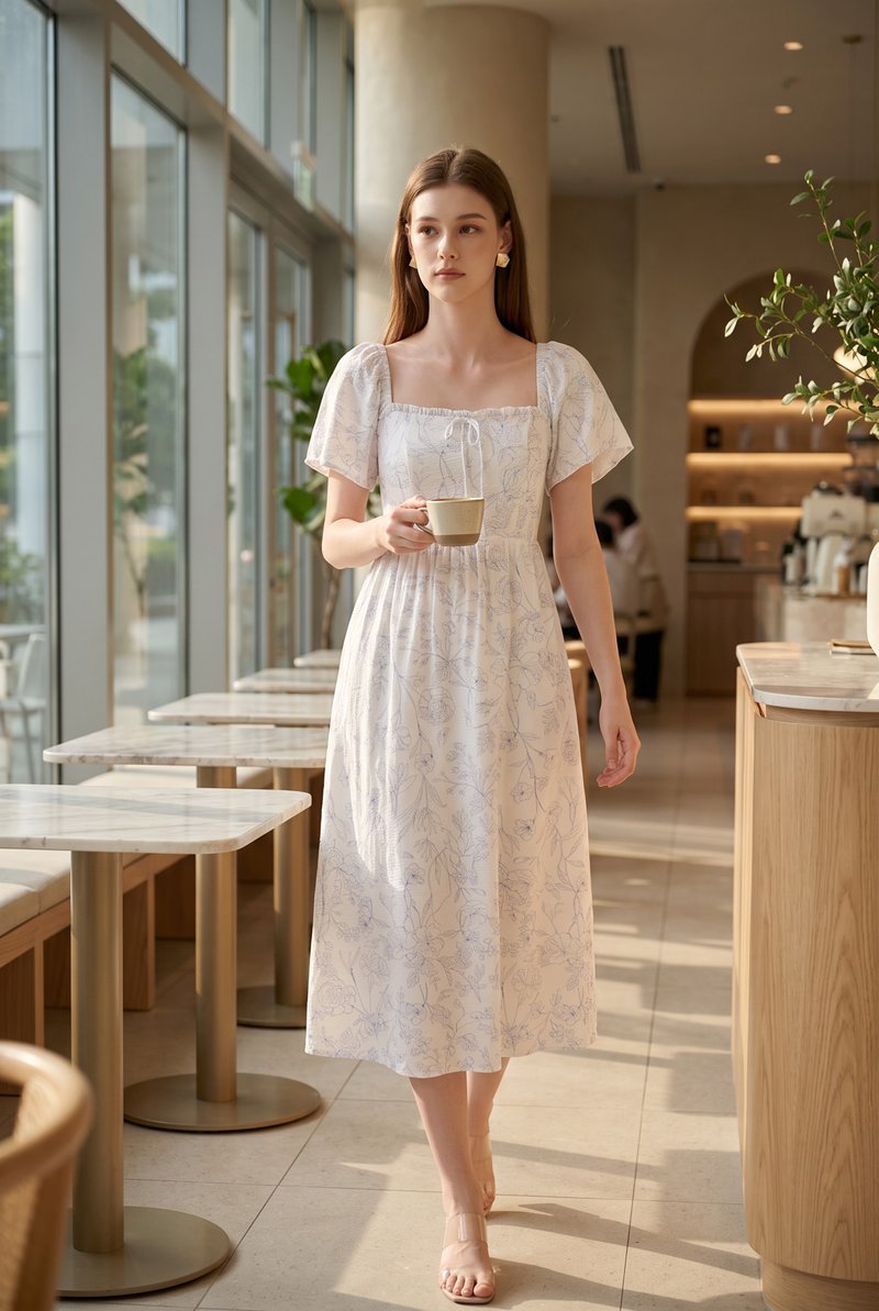 Lettie Ribbon Midi Dress In Toile Floral