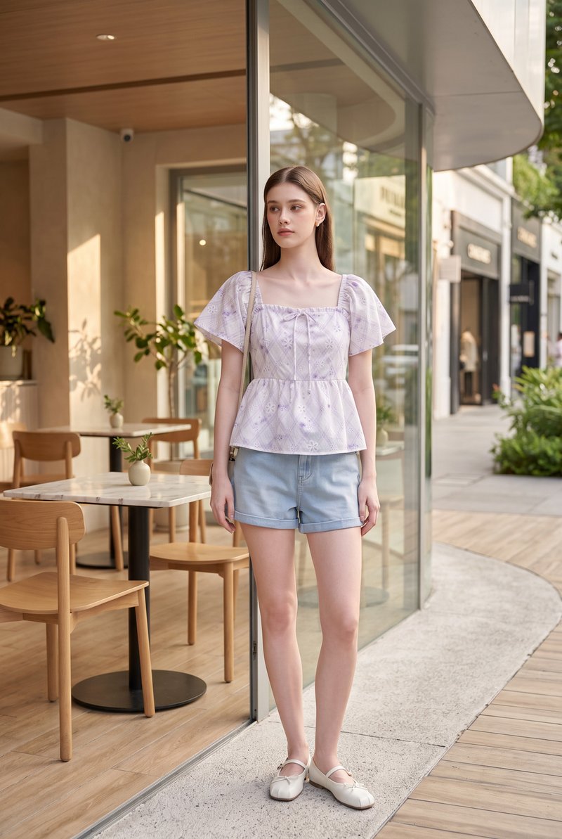 Dani Gingham Floral Babydoll Top In Lilac