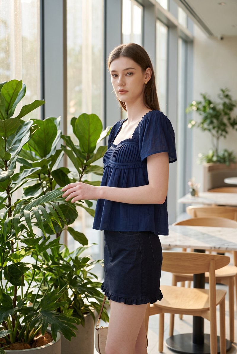 Marlee Textured Pleated Top In Navy
