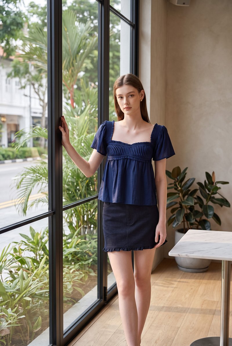 Marlee Textured Pleated Top In Navy