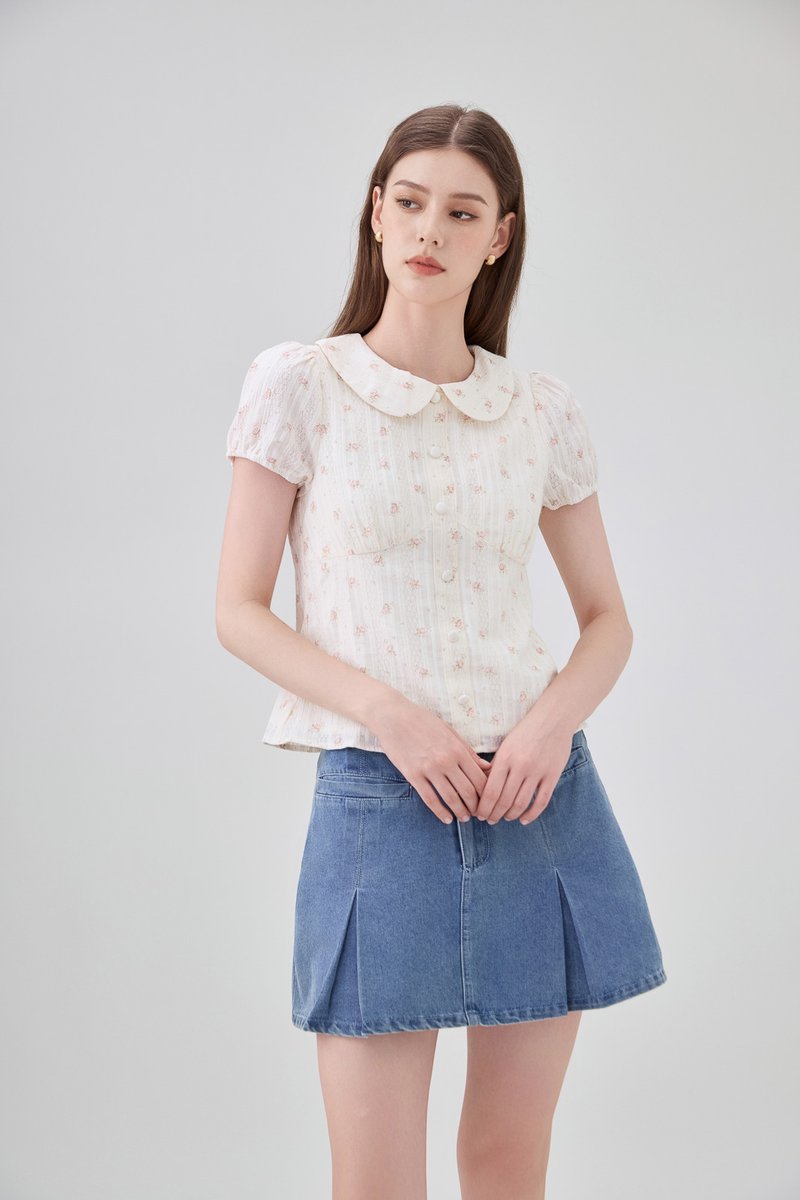 Ensley Pointelle Fleur Peter Pan Top In Cream