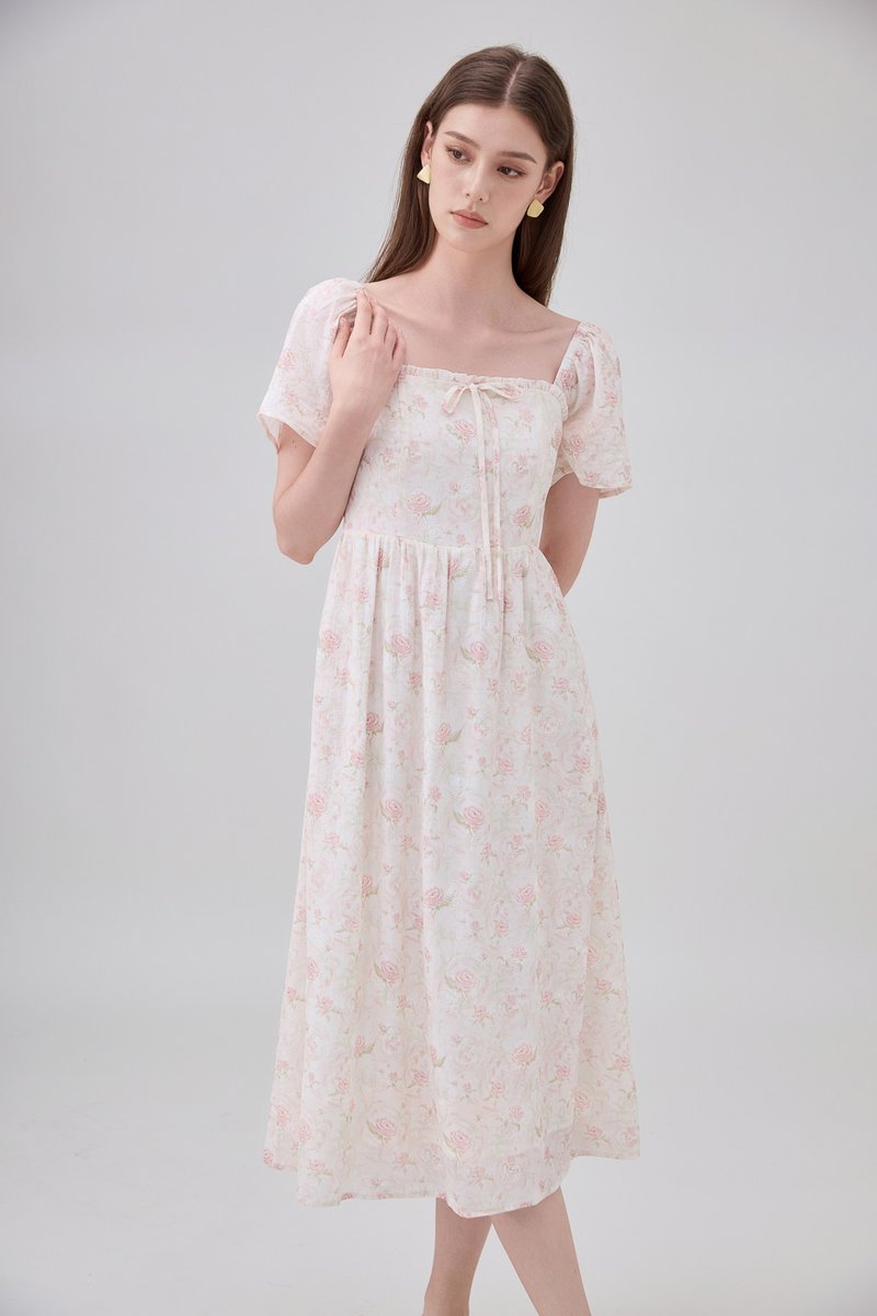 Lettie Ribbon Midi Dress In Blushing Rose