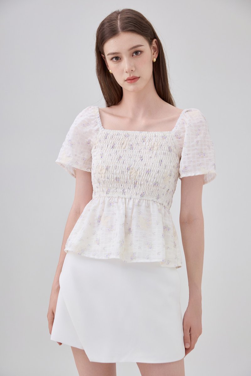 Jimena Smocked Floral Babydoll Top In Purple