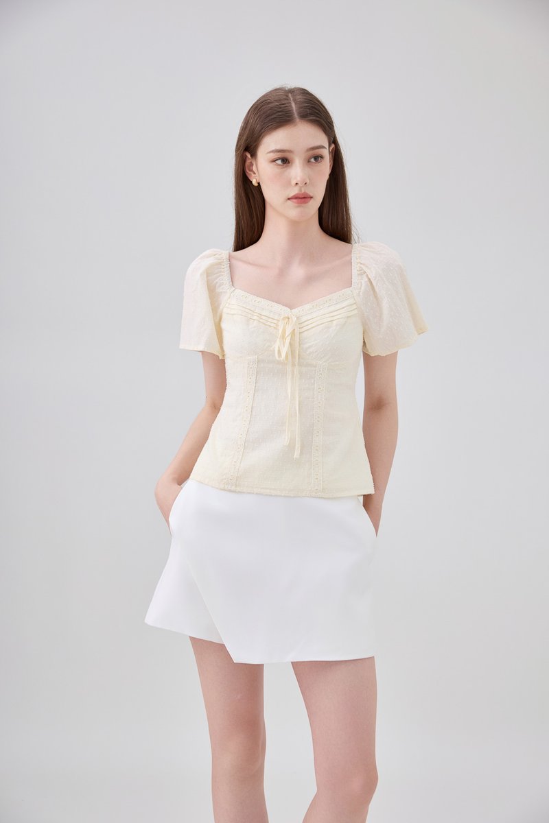 Karsyn Swiss Dot Crochet Ribbon Top In Butter Cream