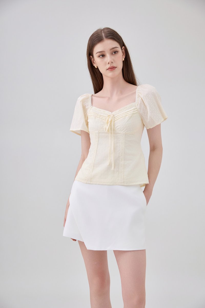 Karsyn Swiss Dot Crochet Ribbon Top In Butter Cream