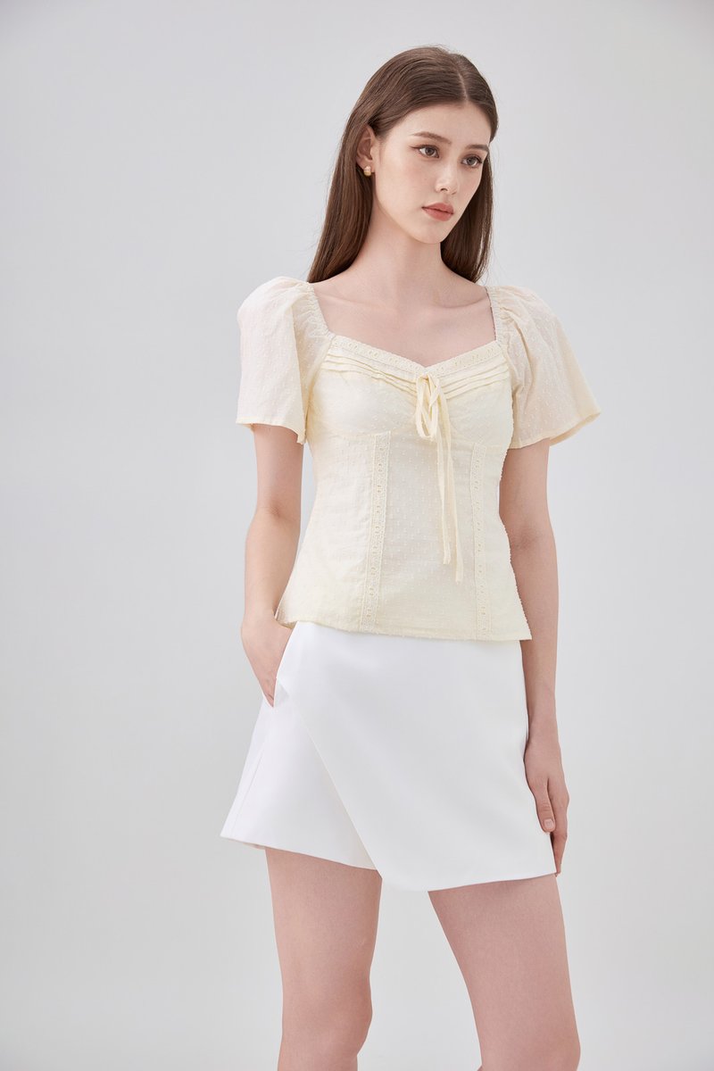 Karsyn Swiss Dot Crochet Ribbon Top In Butter Cream