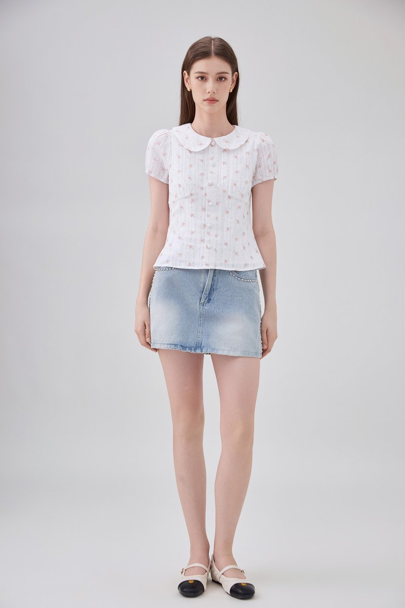 Ensley Pointelle Fleur Peter Pan Top In White