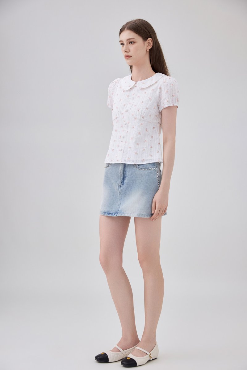 Ensley Pointelle Fleur Peter Pan Top In White