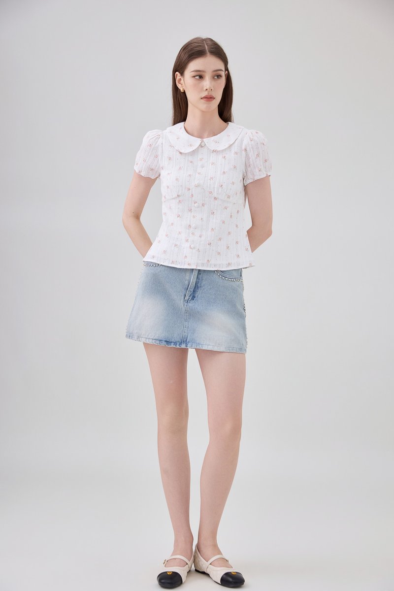 Ensley Pointelle Fleur Peter Pan Top In White
