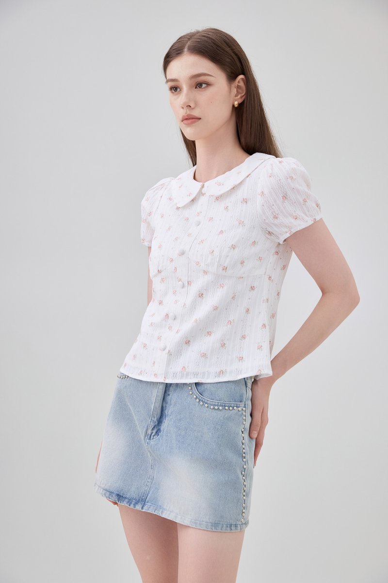 Ensley Pointelle Fleur Peter Pan Top In White