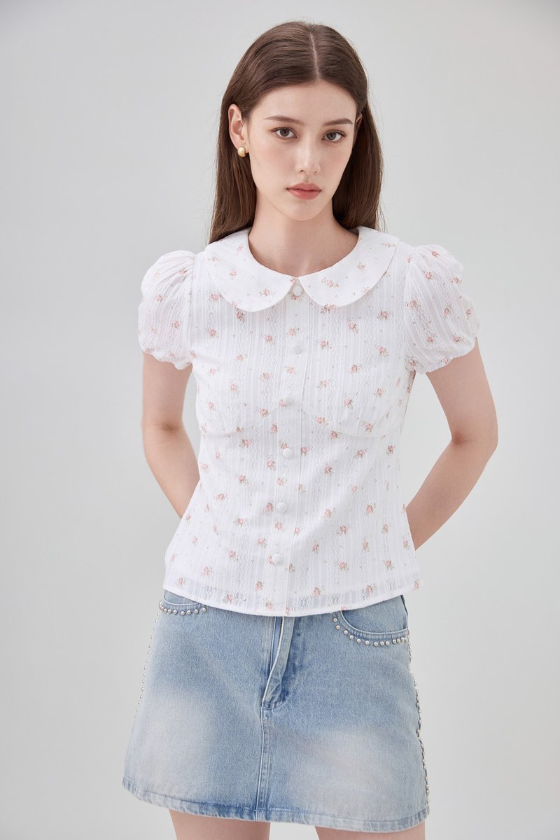 Ensley Pointelle Fleur Peter Pan Top In White