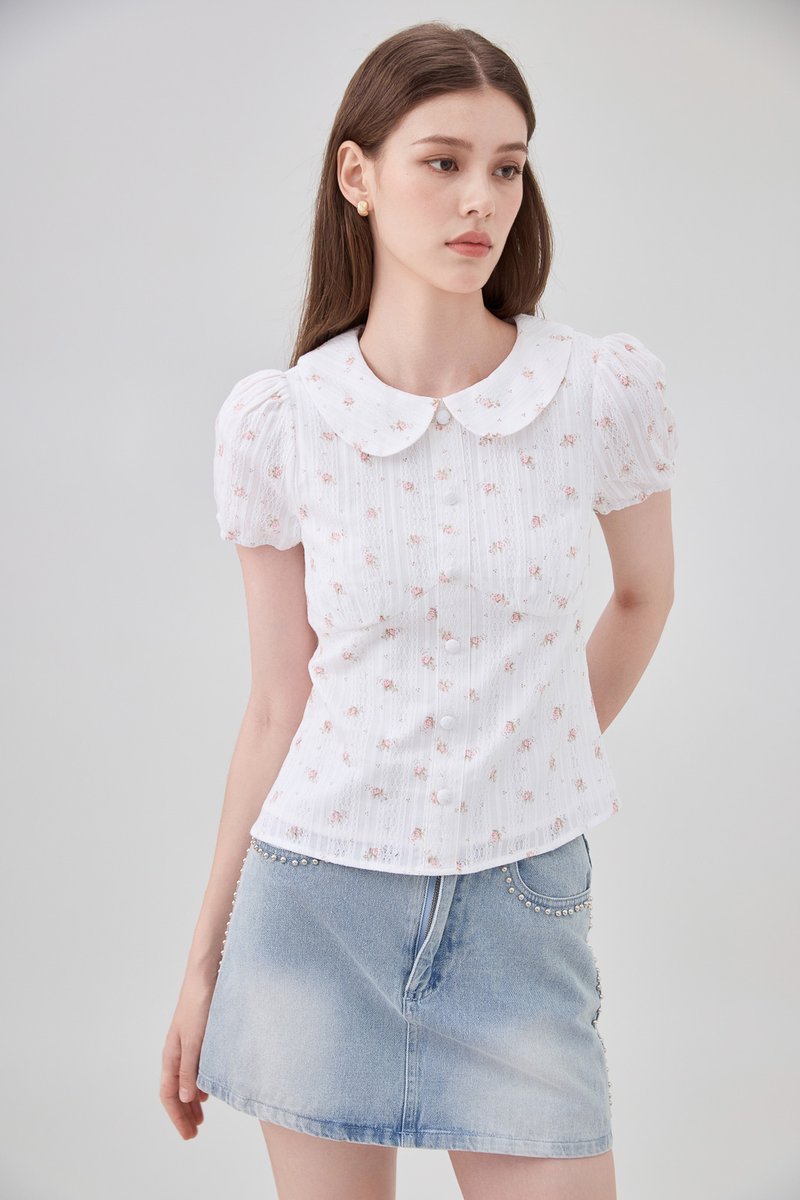 Ensley Pointelle Fleur Peter Pan Top In White