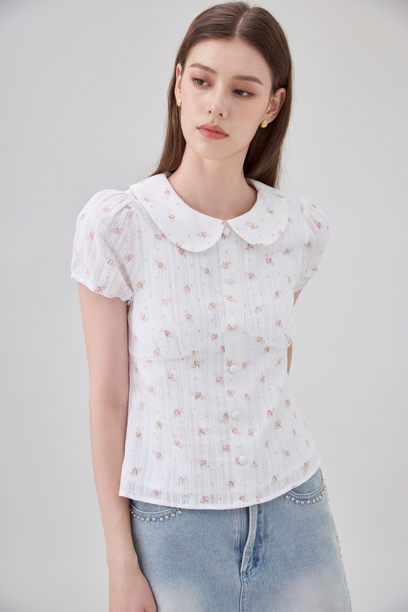 Ensley Pointelle Fleur Peter Pan Top In White