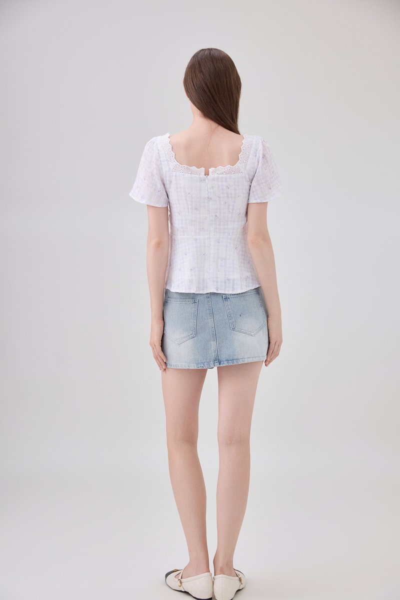 Laurel Gingham Floral Ribbon Top In Lilac