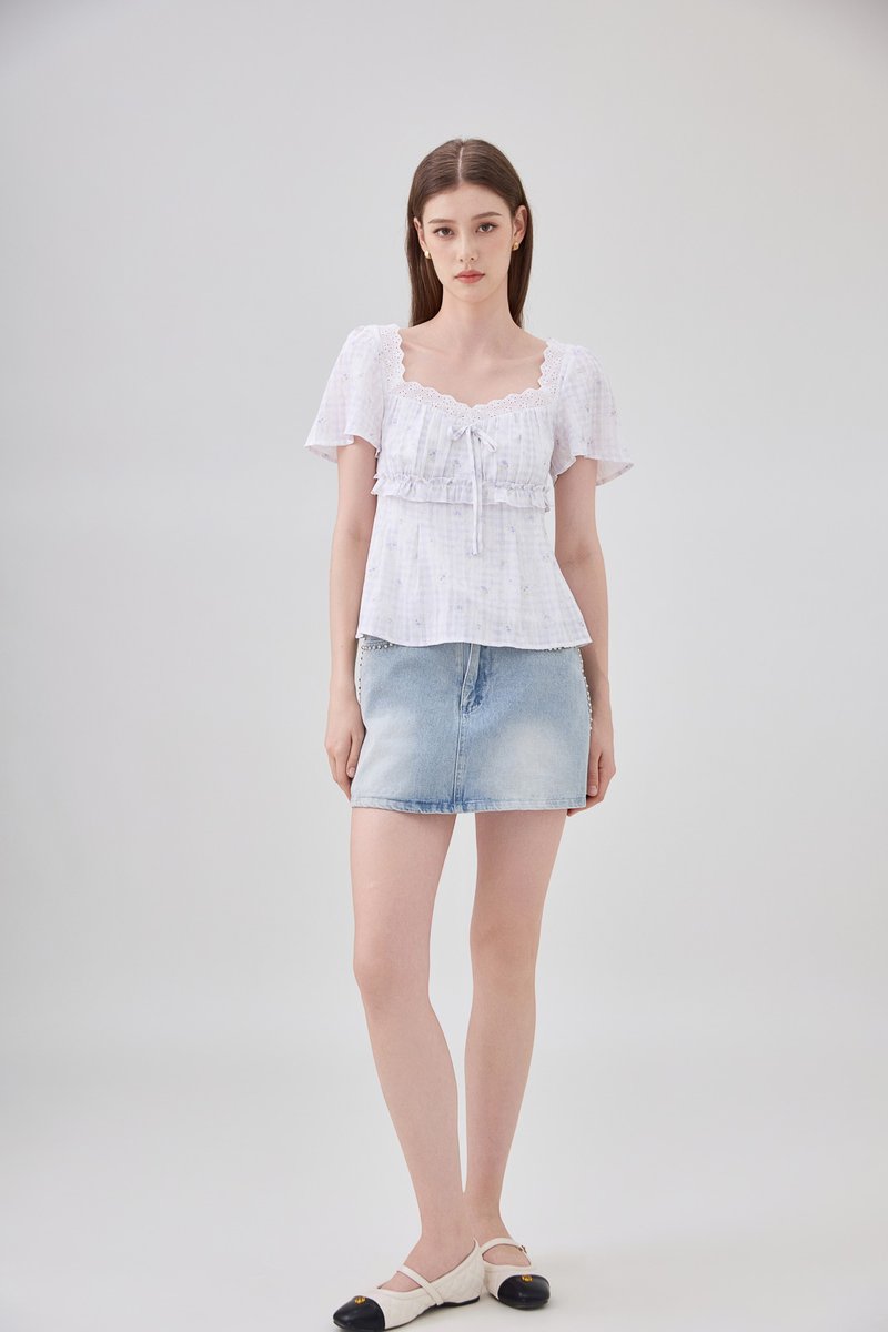 Laurel Gingham Floral Ribbon Top In Lilac