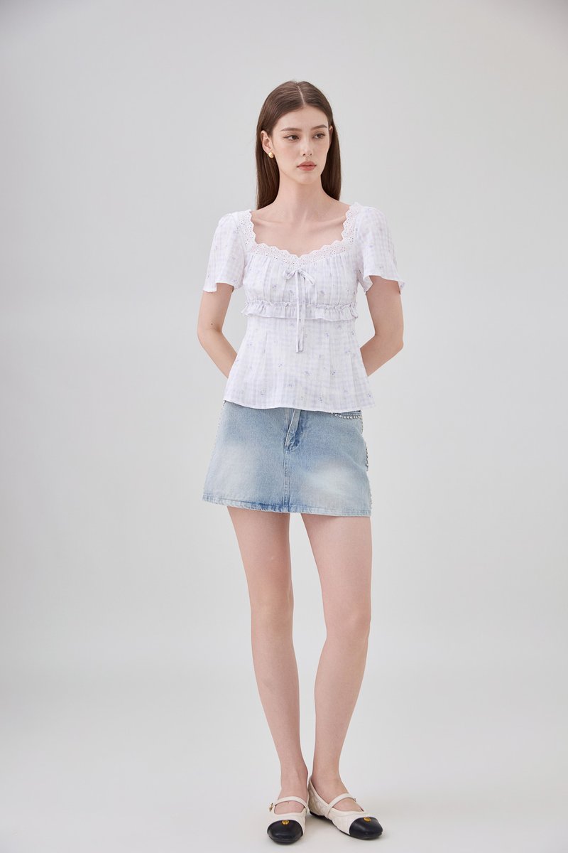Laurel Gingham Floral Ribbon Top In Lilac