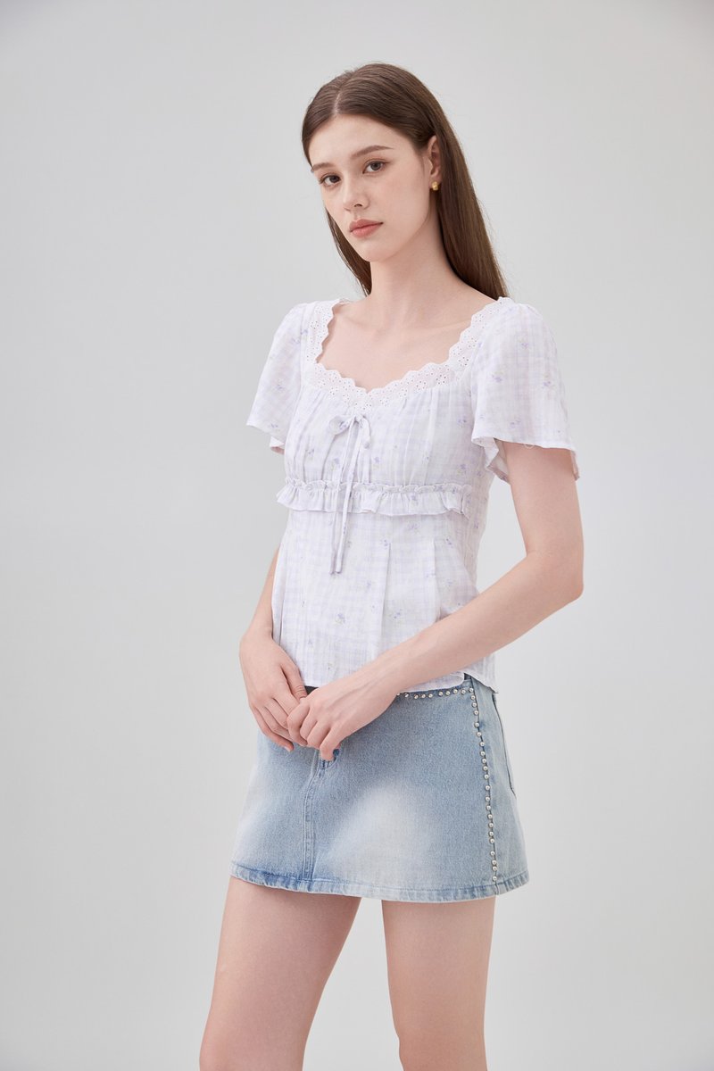 Laurel Gingham Floral Ribbon Top In Lilac