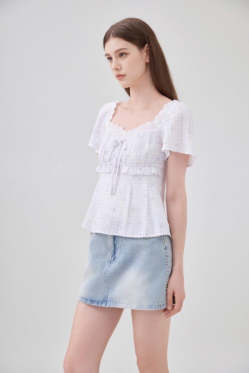 Laurel Gingham Floral Ribbon Top In Lilac