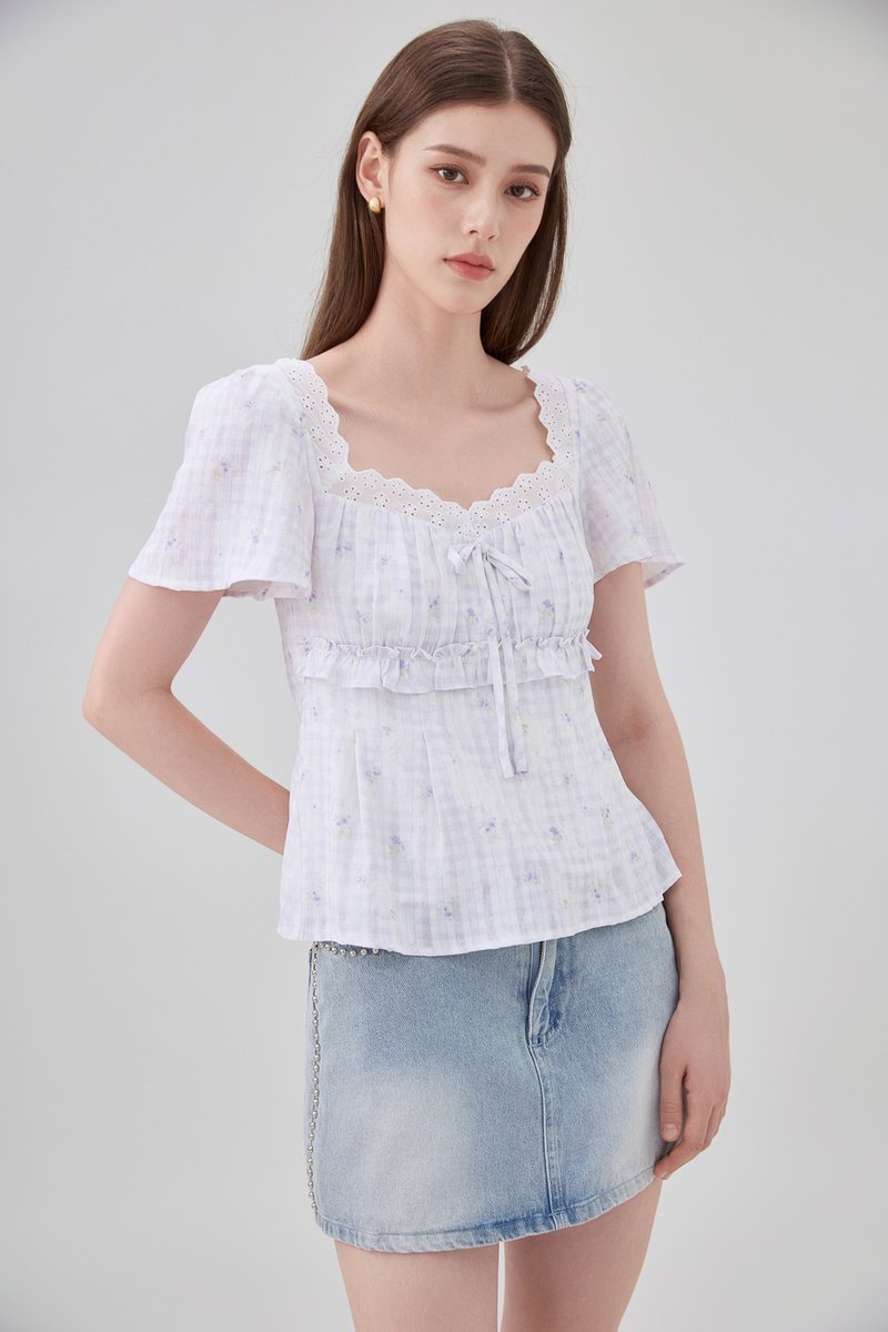 Laurel Gingham Floral Ribbon Top In Lilac