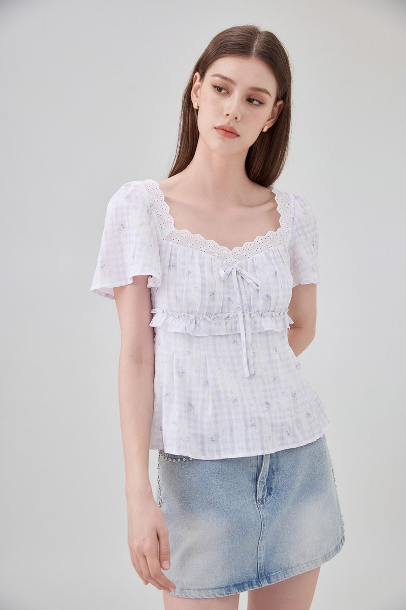 Laurel Gingham Floral Ribbon Top In Lilac