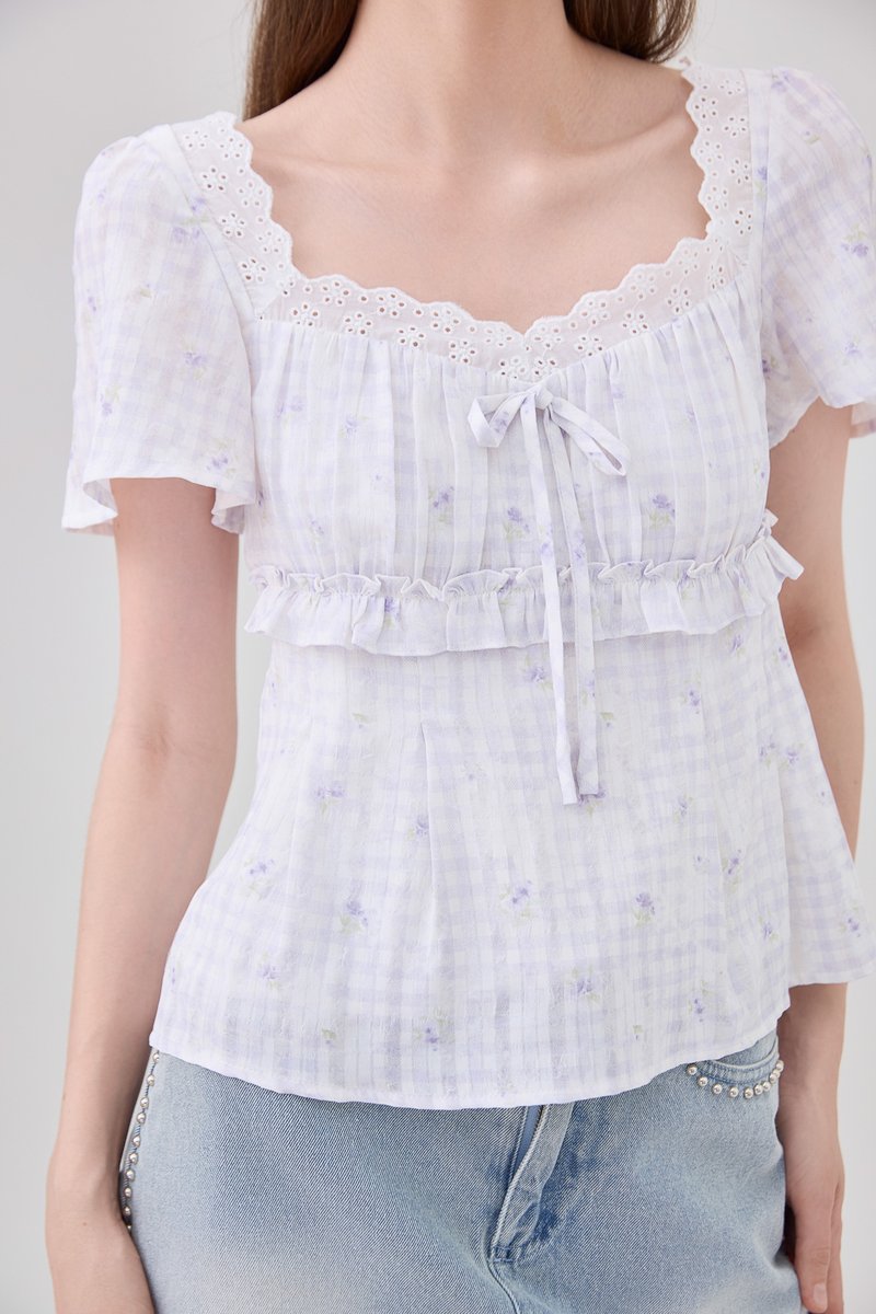 Laurel Gingham Floral Ribbon Top In Lilac