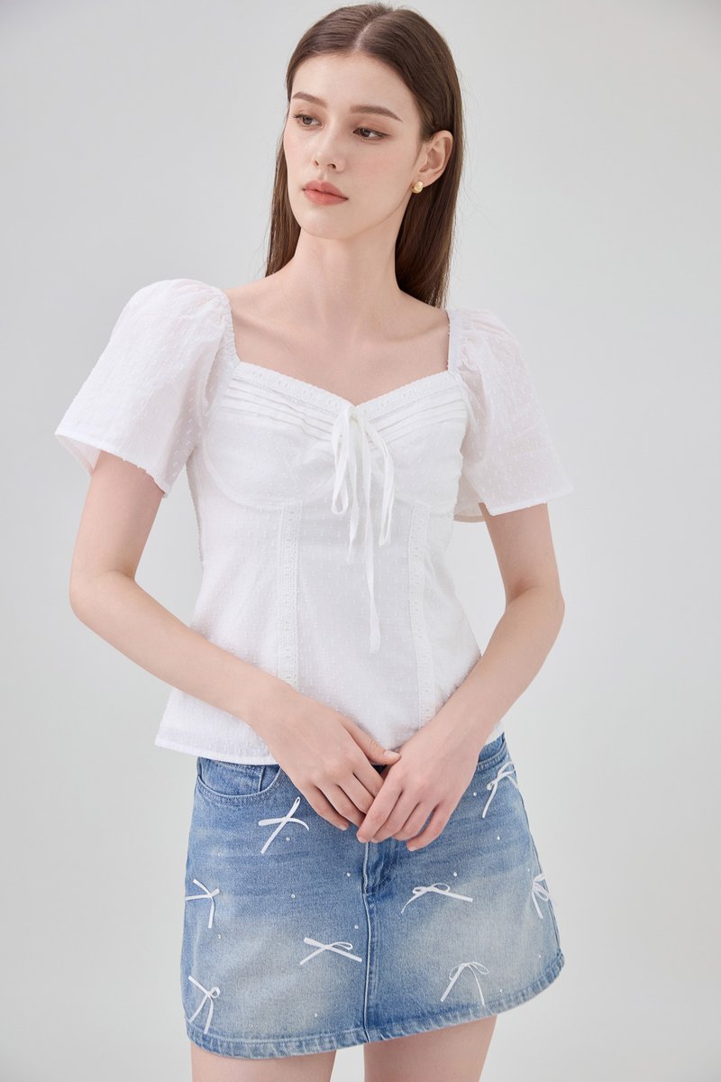 Karsyn Swiss Dot Crochet Ribbon Top In White