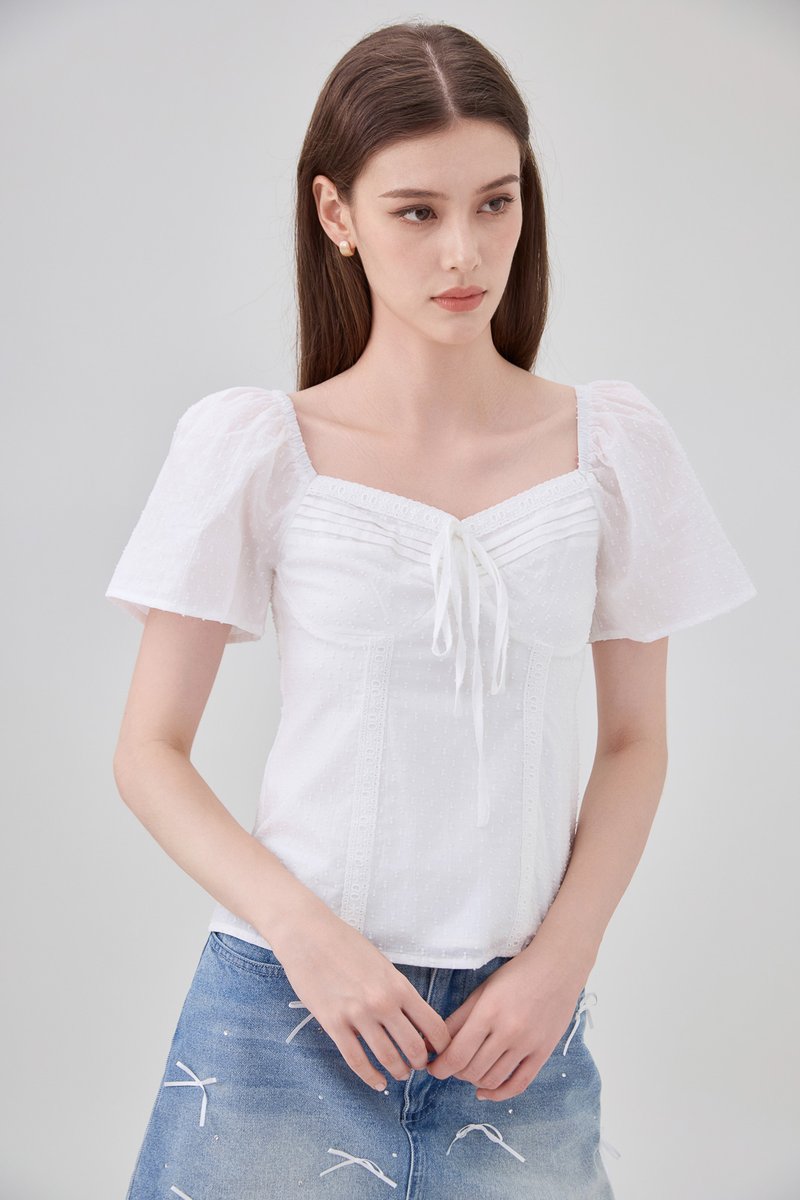 Karsyn Swiss Dot Crochet Ribbon Top In White