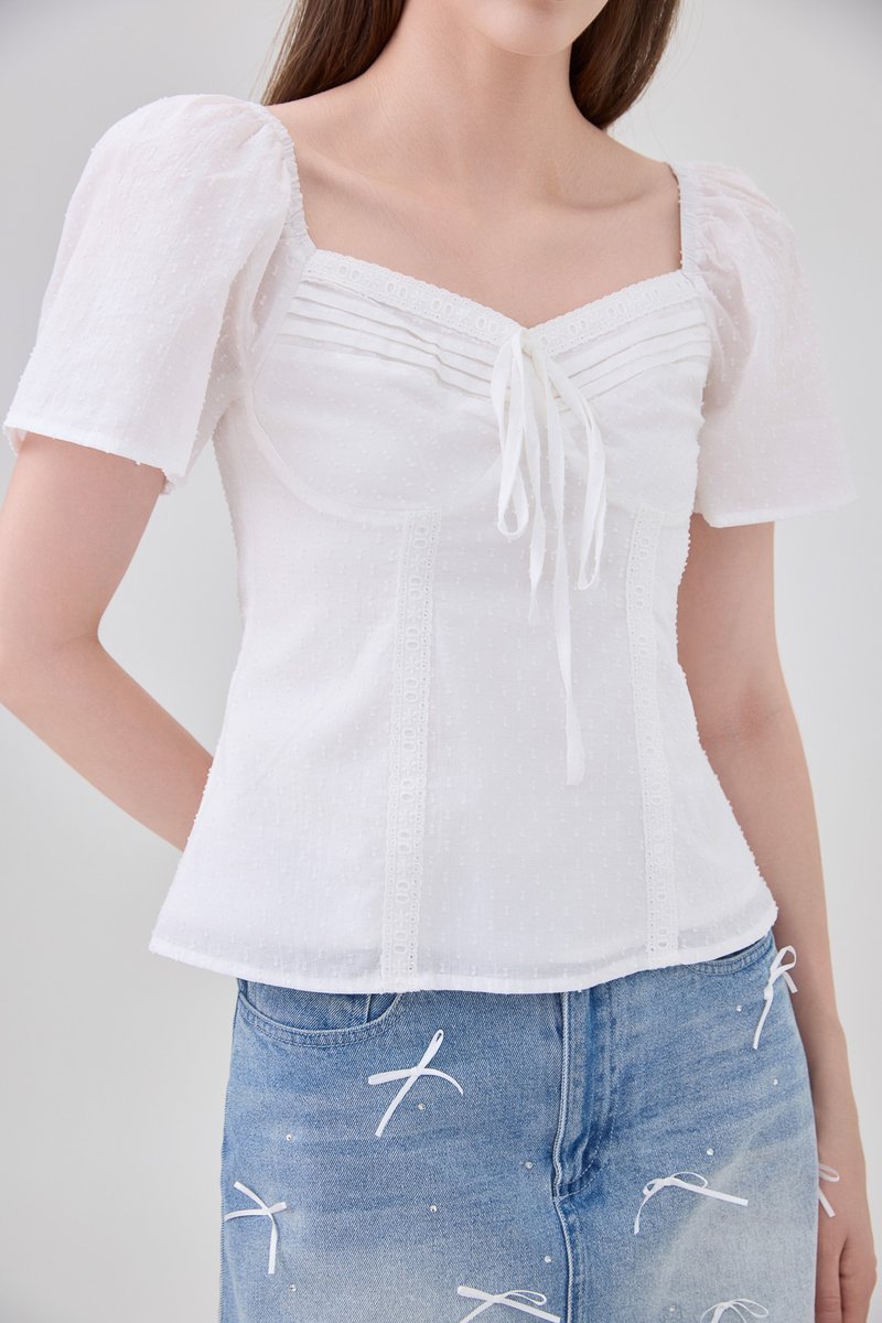 Karsyn Swiss Dot Crochet Ribbon Top In White