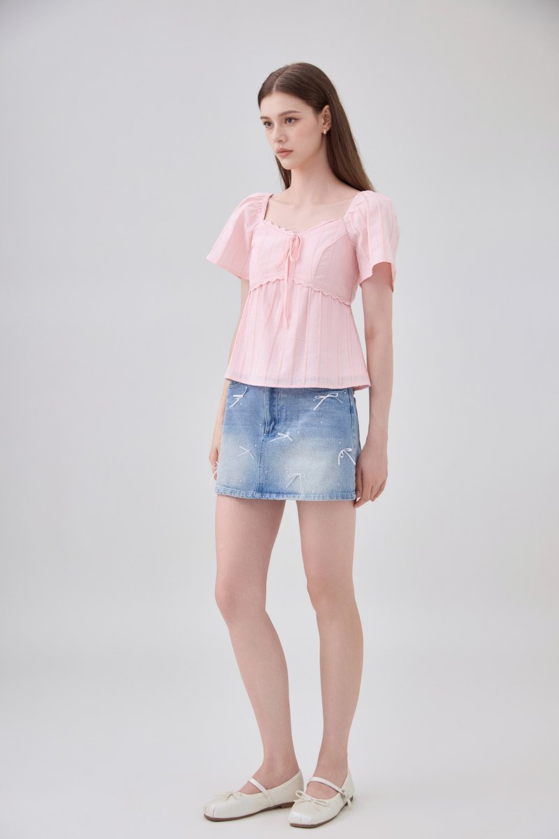 Miranda Pintuck Lace Ribbon Top In Pink