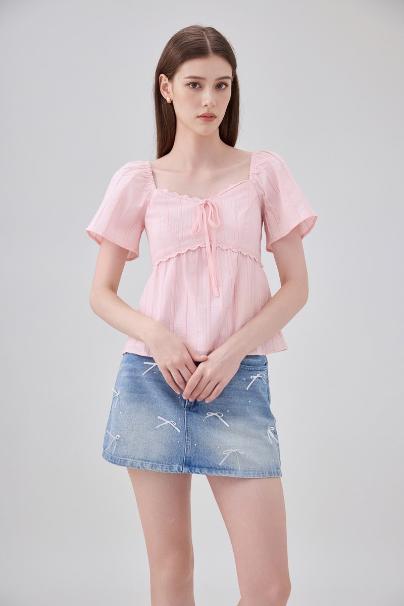 Miranda Pintuck Lace Ribbon Top In Pink