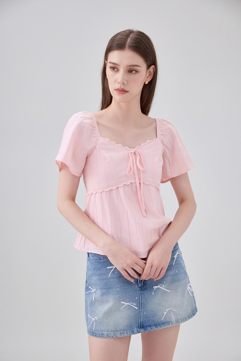 Miranda Pintuck Lace Ribbon Top In Pink