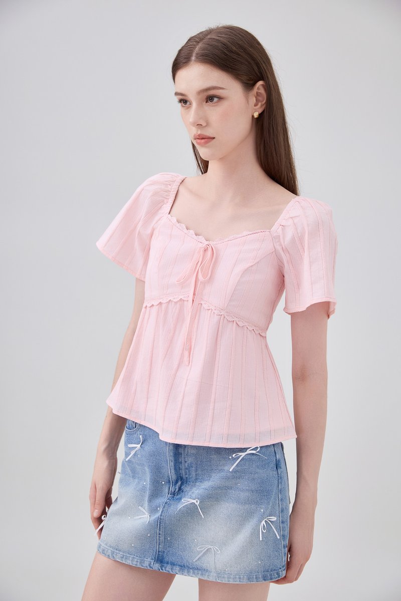 Miranda Pintuck Lace Ribbon Top In Pink