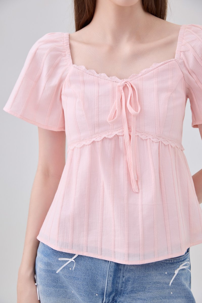 Miranda Pintuck Lace Ribbon Top In Pink